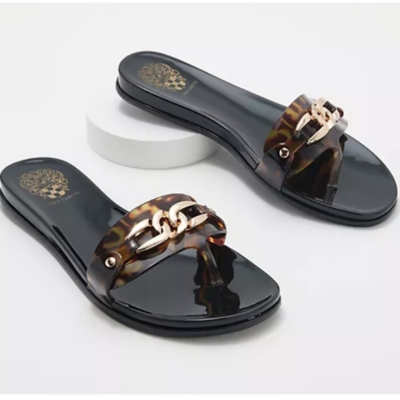 Vince Camuto Shoes - Vince Camuto Evolet Tortoise Black Jelly Sandals 6 Gold Chain Slide
